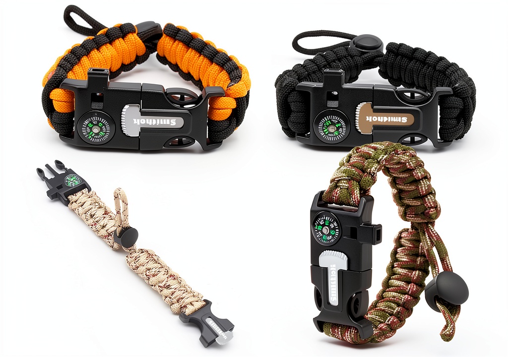 Smithok Paracord Survival Bracelet being adjusted on a hiker's wrist during a forest trek