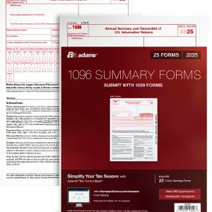 Adams 1096 Forms 2025, 1-Part Summary Transmittal Forms for 25 Recipients, Compatible with Inkjet & Laser Printers, 25 Sets per Pack, IRS Compliant (1017226)-0