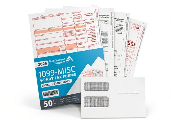 Blue Summit 1099 MISC Forms 2025 with Envelopes, 1099-MISC 4 Part Tax Forms Kit, 50 Vendor Kit of Laser Forms, Compatible with QuickBooks and Accounting Software, 50 Self Seal Envelopes Included-0