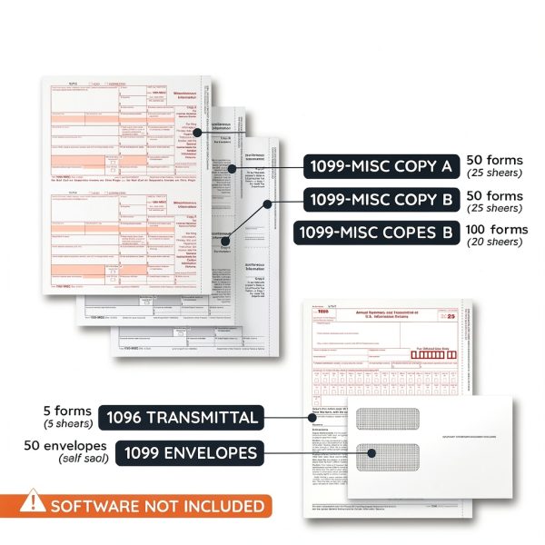 Blue Summit 1099 MISC Forms 2025 with Envelopes, 1099-MISC 4 Part Tax Forms Kit, 50 Vendor Kit of Laser Forms, Compatible with QuickBooks and Accounting Software, 50 Self Seal Envelopes Included-1