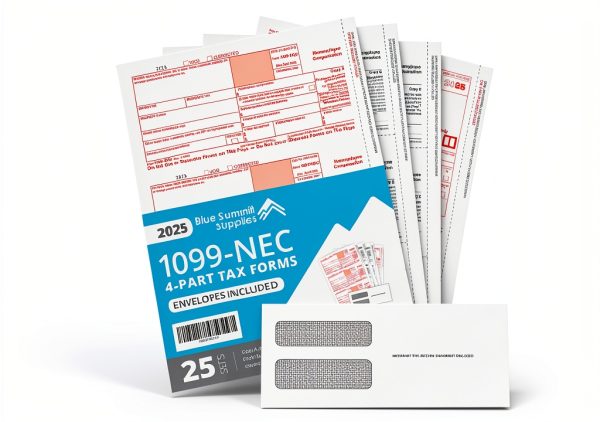 Blue Summit 1099 NEC Forms 2025 with Envelopes, 25 2025 1099 NEC Tax Forms, 4 Part Kit, Compatible with QuickBooks and Accounting Software, 25 Self Seal Envelopes with 3 1096 Included-0