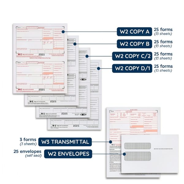 Blue Summit W2 Forms 2025 4‑Part Tax Kit with Envelopes 25 Employees-1